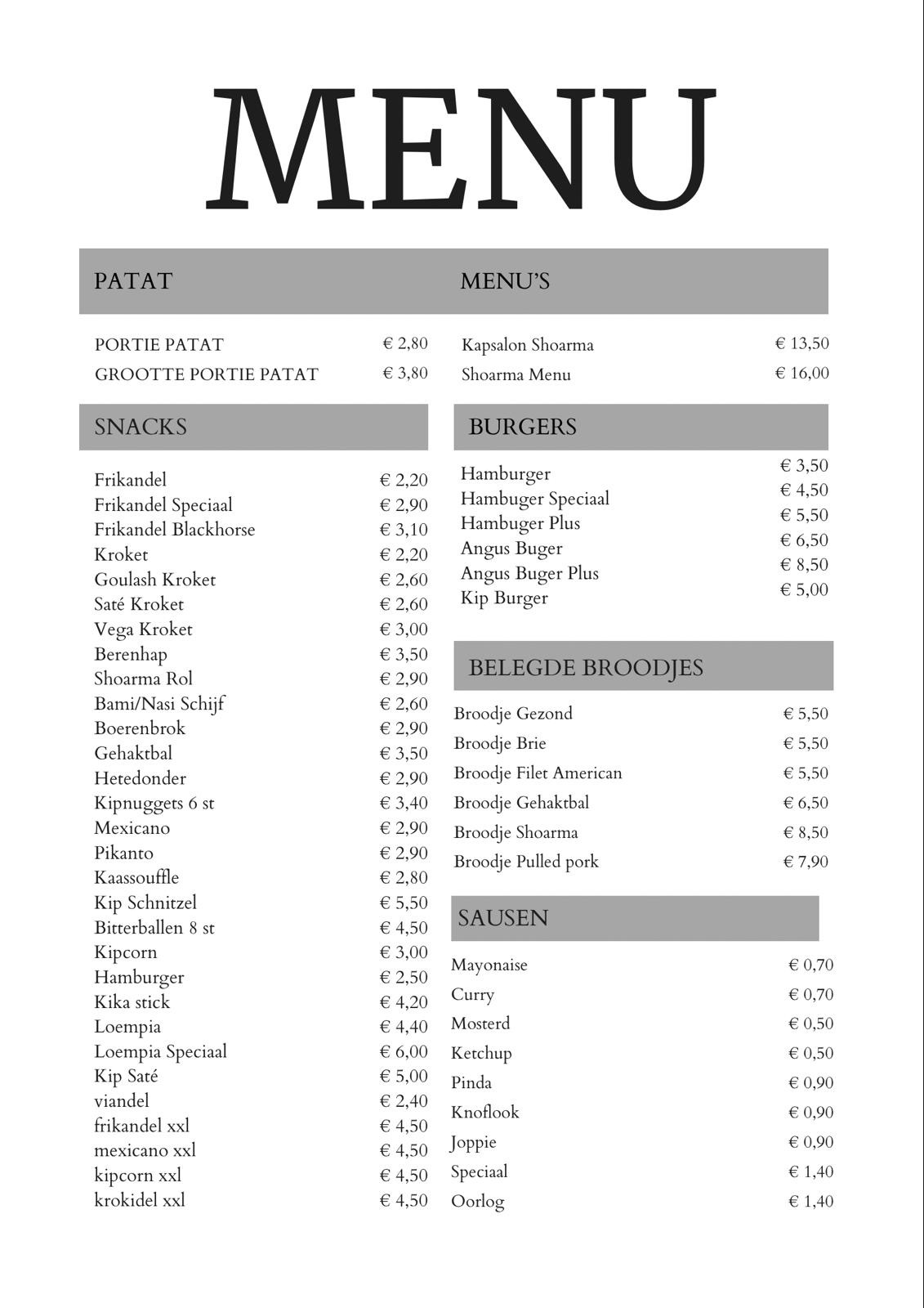 Black Horse Menu